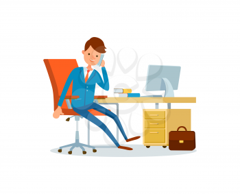 Business person talking on phone customers vector. Businessman, chief executive, director discussing details on mobile with client. Worker in office