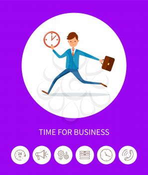 Time for business, businessman with time clock vector. Person late for work, tardy man carrying briefcase. Poster with text sample, chief executive