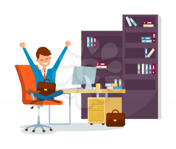 Business worker sitting in chair in office at work vector. Director relaxing, stretching boss with good mood. Room interior with case files, folders