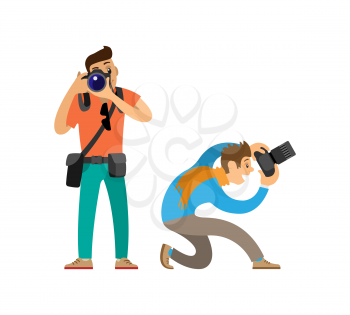 Photographers making picture with modern cameras. Man carrying case for device and bag, guy taking bottom angle to create photo vector illustrations.