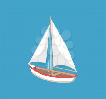 Sail boat with white canvas sailing vector illustration icon isolated on blue. Modern yacht marine nautical personal boat, ship for fishing, personal sailboat