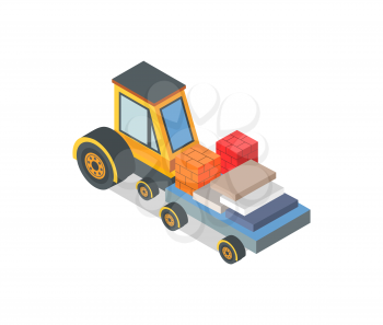 Construction machine with loaded bricks and boxes vector. Industrial machinery, building assisting device, transporting cargo and goods. New equipment