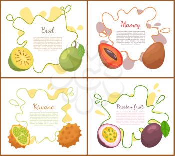 Bael and mango, posters set with text sample. Healthy food with tropical fruits, passion and kiwano. Natural exotic production, juicy meal vector