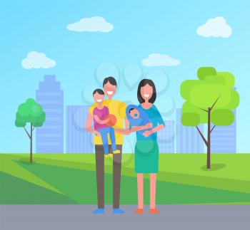 Family people in city park. Mother with newborn kid and pacifier, father holding little boy son with basketball ball. Spouses smiling in town vector