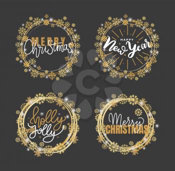 Holly Jolly quote, Merry Christmas and Happy New Year holidays greeting cards design, lettering font, doodles in wreath of snowflakes, winter celebration