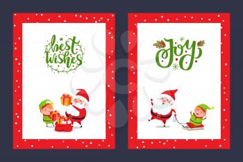 Happy Holidays greeting cards with Santa and Gift Boxes. Joyful Elf like sledding with Saint Nicholas. Vector New Year cartoon characters isolated.
