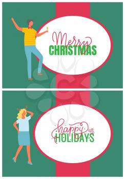 New Year and Merry Christmas lettering in frame, poster, man with glass of champagne, woman in reindeer horns and blue skirt, vector cartoon characters