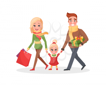 Happy family mother, father and small daughter returns from shopping. Couple and child with bags full of presents and gift boxes, vector isolated on white
