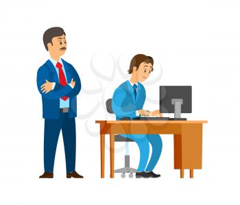 Boss company leader supervising new office worker vector. Director dissatisfied with novice working on personal computer. Unsure new employed person