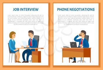 Job interview and phone negotiations vector poster. Boss leader speaking on telephone, conversation with client in support center. Hiring person on new position
