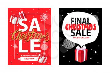 Final Christmas sale, holiday discounts, wrapped gift box on night black sky with stars, snowflakes on red backdrop. Vector total price off leaflet