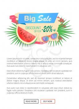 Summer sale watermelon discount isolated banner with text on stripe vector. Tropical leaves of palm tree, juicy fruit with seeds offering for clients