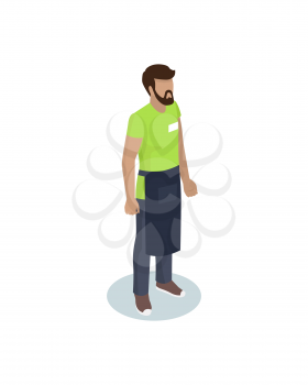 Barmen or waiter in working overall with cover-slut and identity card isometric personage. Vector realistic miniature worker in standing pose isolated