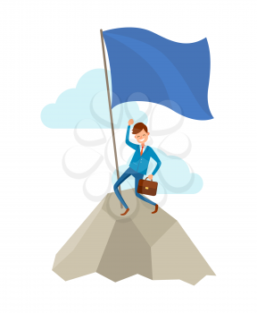 Businessman going to success, climbing up to mountains or rock in sky. Happy manager puts flag on top, vector isolated cartoon character, achieving goal