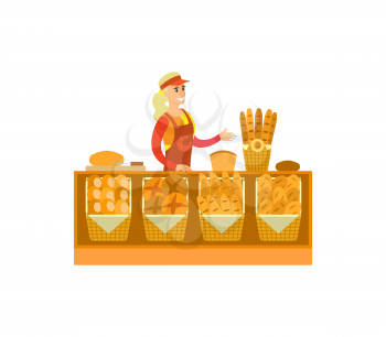 Supermarket store, bakery department with woman selling baked products vector. Bread and buns, baguettes variety, desserts and food made of wheat