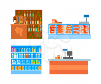 Supermarket departments counters food isolated set vector. Fridge with meat and meal, fat and pork, wine bar with alcoholic drinks and cashier desk