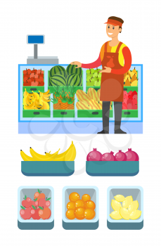 Supermarket worker man male with fruits vector. Shelves with banana, watermelon and ripe apples, pineapple citrus lemon and oranges in containers