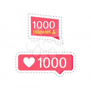 Like social network buttons with numbers and statistics vector. Isolated sticker and patches with profile of followers and heart sign of popularity