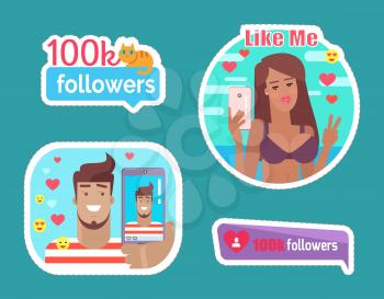 Blogger with phone streaming online stickers set vector. Followers number and statistics, like me people with cells taking photos and videos on web