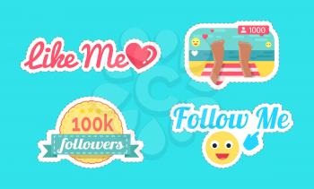 Follow and like me, seaside set of stickers with banners and ribbons vector. Beach and feet of blogger streaming about vacation. Social networking