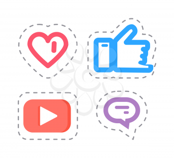 Like and thumb up social network items, heart popularity and fame vector. Video patch and chatting box, thought bubble for text and message content