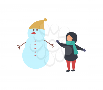 Snowman with carrot nose and small child building man of snow vector. Winter holiday and activities of kid. Ice character with hands branches and hat