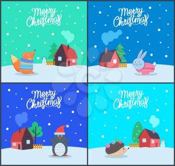 Merry Christmas seasonal winter holiday set of greeting posters vector. Penguin wearing hat of Santa Claus, hedgehog, bunny and fox in knitted sweater