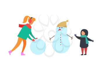 Winter holidays and fun family playing vector. Snowman with carrot nose wearing warm hat. Mother and kid, child making snow balls building big man