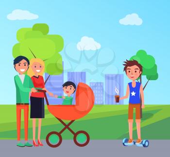 Student in park and family with pram walking on city roads vector. Young person with cup of hot beverage coffee riding scooter self balancing board