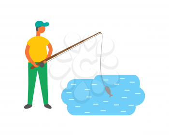 Male fishing in lake, vector isolated fisher catching fish. Male in cap with fishery rod going to catch carp or trout, fishermans hobby sport activity