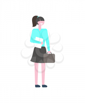 Student woman with textbook and briefcase vector isolated cartoon character. Smiling college or campus girl in blue jacket and black skirt, with bag, campus pupil