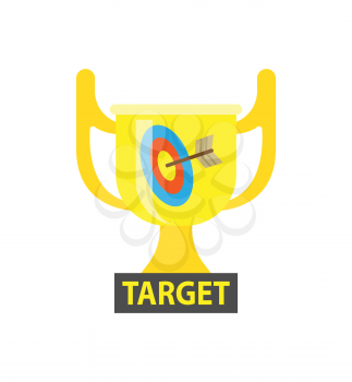 Target vector, gold award for best results in business. Trophy with handles, cup for successful completion of tasks and achieving success, dartboard