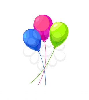 Three color inflatable balloons vector isolated. Birthday party attributes, blue, green and pink helium blown rubber items on ribbons in flat style design