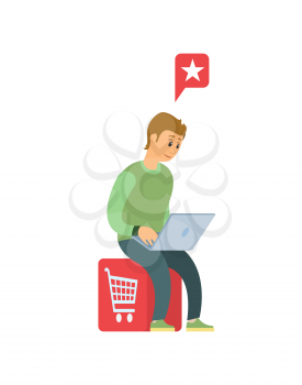 Man with laptop doing shopping in Internet isolated cartoon person. Vector buyer making bookmarks on web pages, sitting on chair with shopping cart image