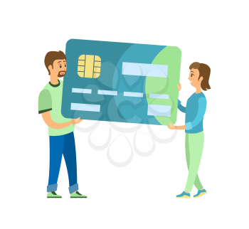 Credit card vector, man and woman carrying plastic object with information about transactions and characters money balance. Commerce and payment with visa