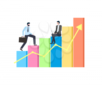 Person going up stairs and sitting worker with laptop on colorful flowchart with arrow. Growth statistic on diagram, success and strategy of working vector