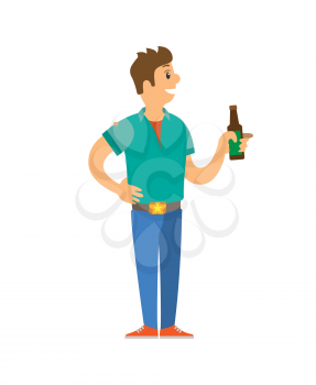 Male on disco standing with bottle of alcohol vector. Isolated male holding glass of alcoholic beverage, drinking guy partying in club, clubbing man