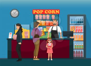 Fast food, customers near cinema bar with snacks vector. Popcorn and chips, soda and juice, mother and daughter in 3D glasses, movies hall, bartender