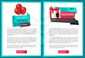 Exclusive goods, label with inflatable balloons, price and clearance tags. Premium discount, big sale of super quality products web page template vector