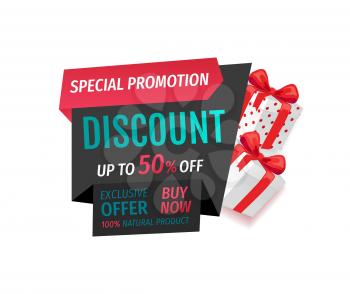 Special promotion discount, offer of 50 percent cost lower vector. Buy now banner with half price reduced. Retail advertisement, sale on presents
