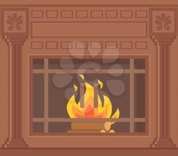 Luxury brown fireplace with pilasters, ornaments and lattice vector closeup. Vintage heater with burning fire and column patterns, brown home mantelpiece