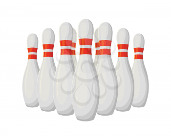 Bowling activity vector, isolated icon of skittles standing in row. Tournament game and sport, championship hitting objects with painted top. Active hobby