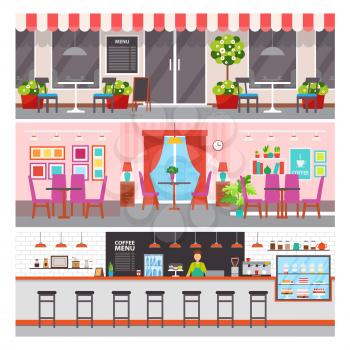 Restaurant with luxurious design vector. Coffeehouse with desserts and options for topping, beverages and cakes. Seller standing by counter, fika worker