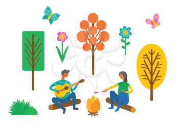 Camping travel, couple near campfire with guitar and marshmallow vector. Nature, trees and flowers, butterflies and bushes, outdoor summer activity