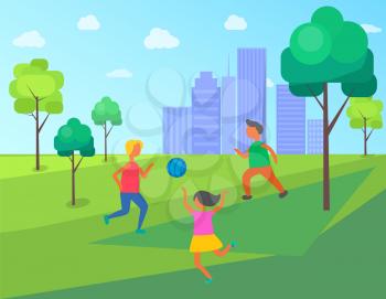 Kids playing in city park vector, children with inflatable ball. Jumping and running child, buildings skyscrapers of big town, park with trees and grass