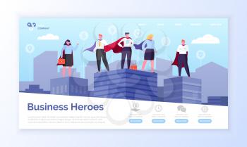 Entrepreneurs in superman coats, business heroes webpage vector. Men and women in superhero outfits on top of skyscrapers landing page or site flat style