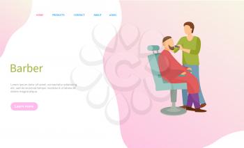 Barber service vector, man on chair and barbershop master. Beard styling and hairstyle, male haircut salon and professional hairdresser with razor. Website or webpage template landing page in flat