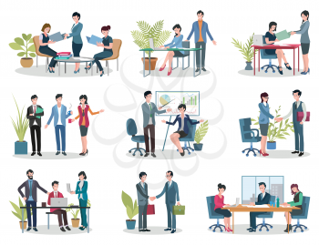 Conference holding and contract signing, office business meetings vector. Documents folders and laptop, workplace and graphic, boss and employees in flat style