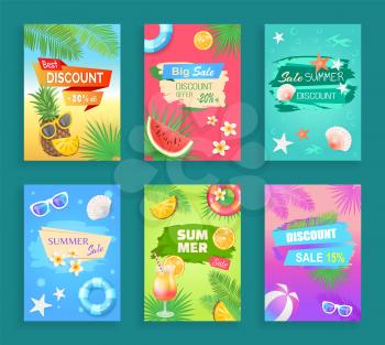 Big summer sale, best discount offer shaped ribbon and spot, vector banner. Beach party theme, inflatable ring, sun glasses, seashore and palm leaves