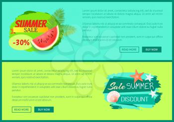 Summer sale label with palm trees and watermelon, summertime discount icon with starfish and seashell vector web pages with text, promo advertising sites